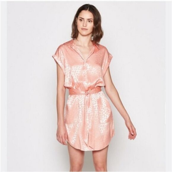 Joie Daran Shirt Mini Dress Island Sunset Pink Leopard Satin Size Small - Picture 2 of 11